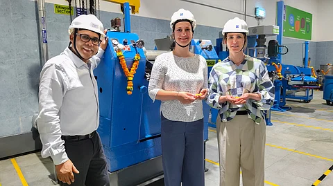 Inauguration of hubergroup's new DFC inks facility in Silvassa (Prasanta Sarkar with Dr Ulrike Canella and Dr Lisa Schindler from hubergroup's R&D team)