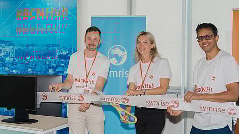 The Symrise Team opens the #BCN Hub. F.l.t.r.: Edward Heretsch (Head of Data + Digital Architecture), Eliza Millet (Chief Digital & Information Officer (CDIO)), Sid Raisoni (Data & AI Hub - Program Lead)