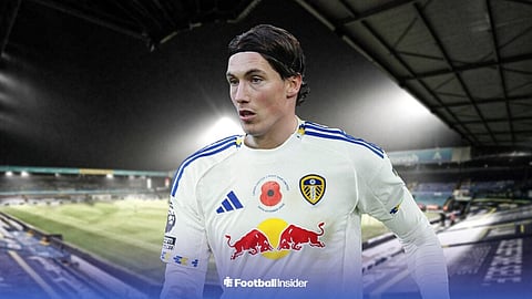 A graphic of Harry Wilson wearing a Leeds United home kit with Elland Road in the background