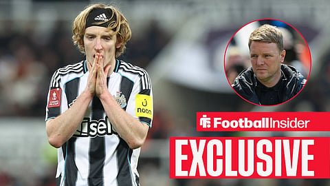 Football Insider exclusive as Anthony Gordon has his hands over his face during a game, while Newcastle manager Eddie Howe watches from a circular inset.