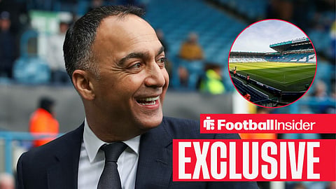 Football Insider exclusive as Leeds United chairman Paraag Marathe smiles towards the club's Elland Road stadium, which features in a circular inset.