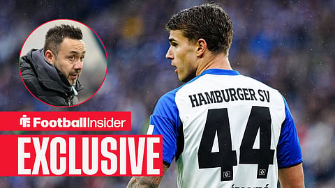 Football Insider exclusive as Luka Vuskovic is in action during a game for Hamburg, while Tottenham manager Roberto De Zerbi looks nervous in a circular inset.