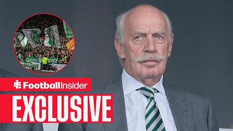 Football Insider exclusive as Celtic owner Dermot Desmond glances towards the Green Brigade, who wave flags in a circular inset.