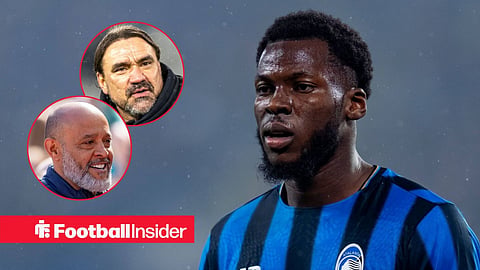 Yunus Musah in action for Atalanta, with Daniel Farke and Nuno Espirito Santo in circular insets