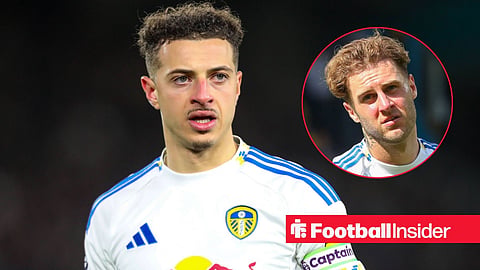 Leeds captain Ethan Ampadu alongside a circular inset of teammate Joe Rodon