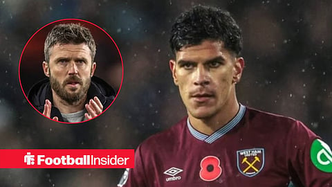 Mateus Fernandes in action for West Ham, with Michael Carrick in a circular inset