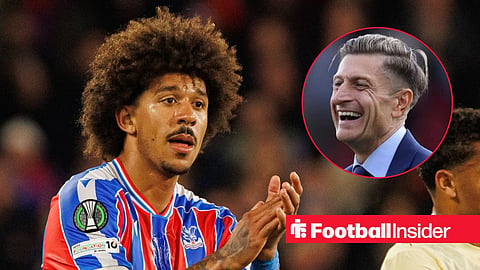 Chris Richards applauding at Crystal Palace, with Steve Parish in a circular inset