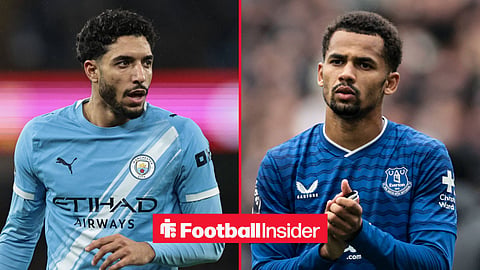 Manchester City winger Omar Marmoush stares across a split image towards Everton star Iliman Ndiaye, who applauds after a game.
