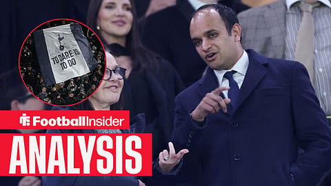 Tottenham chief executive Vinai Venkatesham points out onto the pitch from the stands, while Spurs fans wave a flag in a circular inset.
