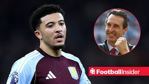 Jadon Sancho in action for Aston Villa, with Unai Emery in a circular inset