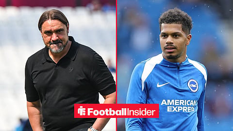 Leeds manager Daniel Farke stares across a split image towards Georginio Rutter, who warms up for a game for Brighton.