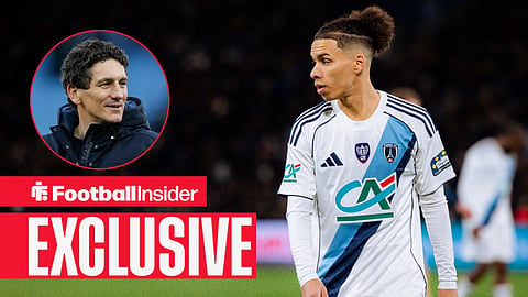 Football Insider exclusive as Paris FC winger Ilan Kebbal is in action during a game, while Brentford manager Keith Andrews watches from a circular inset.