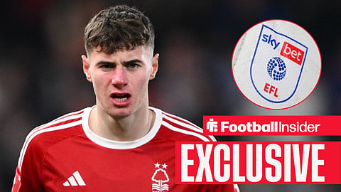 Football Insider exclusive as Nottingham Forest striker Joe Gardner is in action, while the EFL logo features in a circular inset.