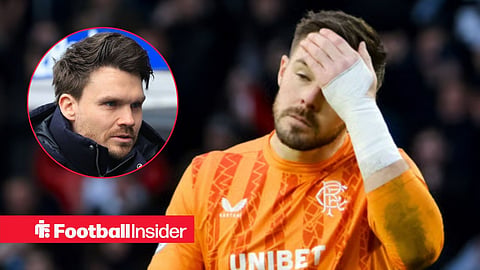 Jack Butland with his head in his hands for Rangers, with Danny Rohl in a circular inset