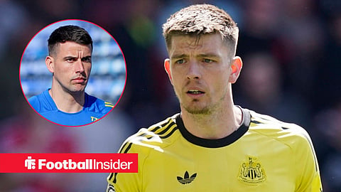 Newcastle goalkeeper Nick Pope stares towards Leeds star Karl Darlow, who watches from a circular inset.