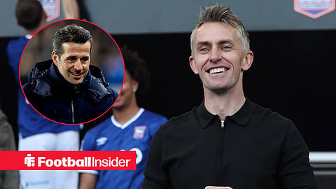 Ipswich manager Kieran McKenna smiles towards ex-Fulham boss Marco Silva, who grins in a circular inset.