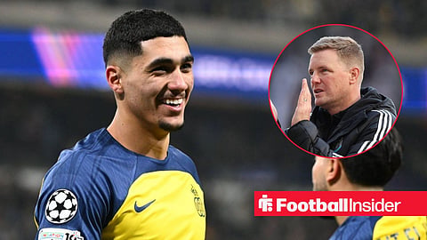Anan Khalaili celebrating for Union Saint Gilloise with Newcastle manager Eddie Howe