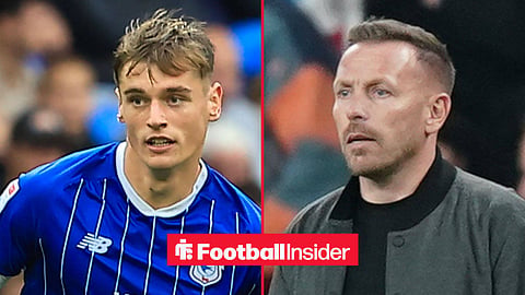 Dylan Lawlor playing for Cardiff City on the left and Craig Bellamy staring at the defender on the right