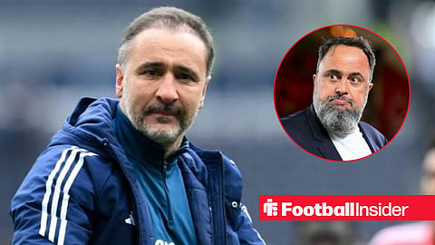 Vitor Pereira on the sidelines at Nottingham Forest, with Evangelos Marinakis in a circular inset