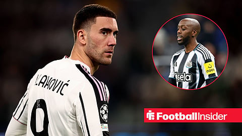 Juventus striker Dusan Vlahovic glances over his shoulder towards Newcastle star Yoane Wissa, who glances at the floor in a circular inset.