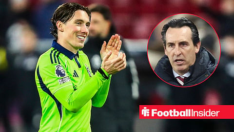 Fulham star Harry Wilson smiling and clapping at the end of a game alongside a circular inset of Aston Villa manager Unai Emery looking concerned.