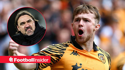 Joe Gelhardt celebrating a goal for Hull City, with Daniel Farke in a circular inset
