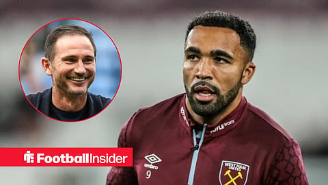Callum Wilson looking focused in a warm-up for West Ham, with Frank Lampard in a circular inset