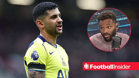Tottenham defender Cristian Romero in action during a game, as pundit Darren Bent features in the talkSPORT studio in a circular inset.