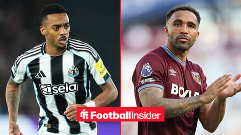 Newcastle midfielder Joe Willock in action during a game, as West Ham striker Callum Wilson smiles on the other side of a split image.