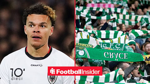 Elias Filet in FC Aarau kit on left, Celtic fans on right