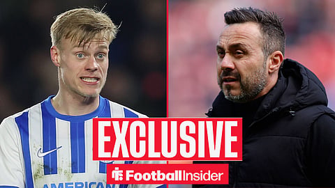 Football Insider exclusive as Brighton defender Jan Paul van Hecke stares across a split image towards Tottenham manager Roberto De Zerbi.