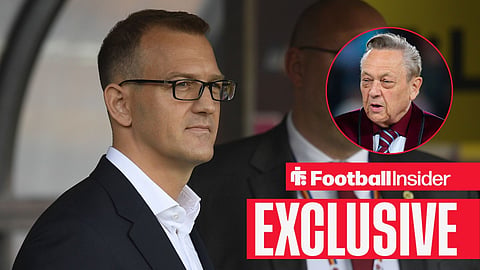 Football Insider exclusive as West Ham investor Daniel Kretinsky stares towards owner David Sullivan, who watches from a circular inset.