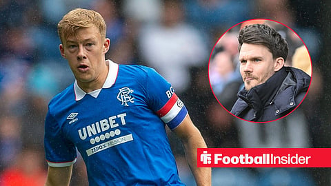 Connor Barron playing for Rangers with manager Danny Rohl right inset in coat