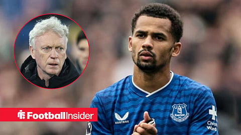 Iliman Ndiaye applauding at Everton, with David Moyes in a circular inset