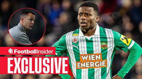Football Insider exclusive as Rapid Vienna midfielder Romeo Amane has his hands on his hips during a game, while Birmingham manager Chris Davies watches from a circular inset.