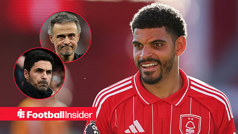 Morgan Gibbs-White smiling at Nottingham Forest, with Mikel Arteta and Luis Enrique in circular insets