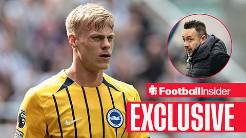 Football Insider exclusive as Brighton defender Jan Paul van Hecke stares towards Tottenham manager Roberto De Zerbi, who watches from a circular inset.