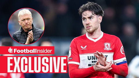 Football Insider exclusive as Middlesbrough midfielder Hayden Hackney applauds after a game, while Everton manager David Moyes watches from a circular inset.