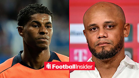 Marcus Rashford in action for Barcelona alongside Bayern Munich manager Vincent Kompany at a press conference