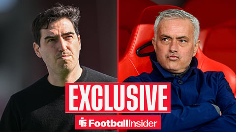 Liverpool boss Andoni Iraola looking up and Real Madrid manager Jose Mourinho sitting on the sidelines