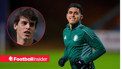 Luis Palma smiling and warming up before a Celtic game alongside Paulo Bernardo