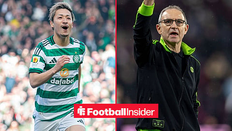 Daizen Maeda celebrating a goal for Celtic whilst manager Martin O'Neill thanks supporters post-match.
