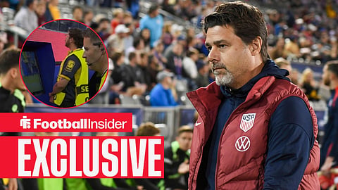 Mauricio Pochettino on the sidelines during the International Men's Soccer match between the US Men's national team and Australia / Referee Danny Makkelie checks the pitch-side monitor after showing a yellow card to USA's Tim Ream