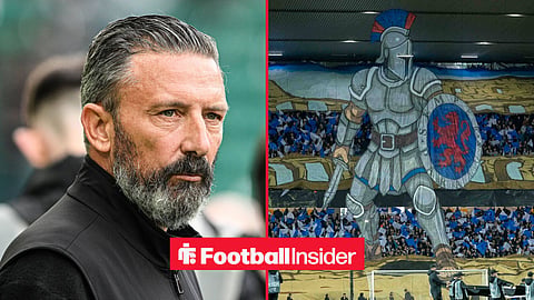 Derek McInnes staring into the distance on touchline on left and Rangers fans holding up tifo in stadium on right