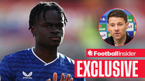 Everton's Tyrique George clapping fans in home kit with Chelsea manager Xabi Alonso in a press conference right inset