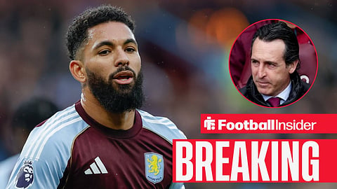 Douglas Luiz in action for Aston Villa, with Unai Emery in a circular inset