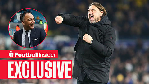 Football Insider exclusive as Leeds manager Daniel Farke punches the air while chairman Paraag Marathe smiles in a circular inset.