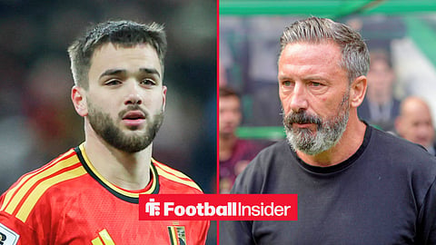 Split image of Rangers midfielder Nicolas Raskin seen during European World Cup Qualifiers 2026 football match between Belgium and Liechtenstein and Derek McInnes of Heart of Midlothian during the William Hill Premiership match at Celtic Park