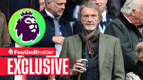 Football Insider exclusive as Manchester United owner Sir Jim Ratcliffe holds a coffee in the stands, while the Premier League logo features in a circular inset.