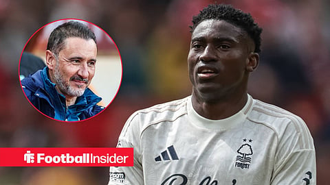 Nottingham Forest's Taiwo Awoniyi clapping hands after a game with manager Vitor Pereira smiling at him in a coat left inset